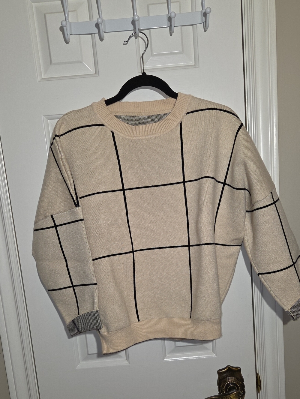 Chicwish Cream Crewneck Sweater with Black Windowpane Grid